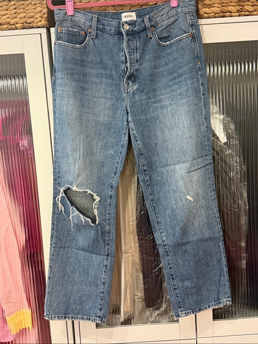 pistola Light Blue Relaxed Straight-Leg Jeans with Distressed Knee